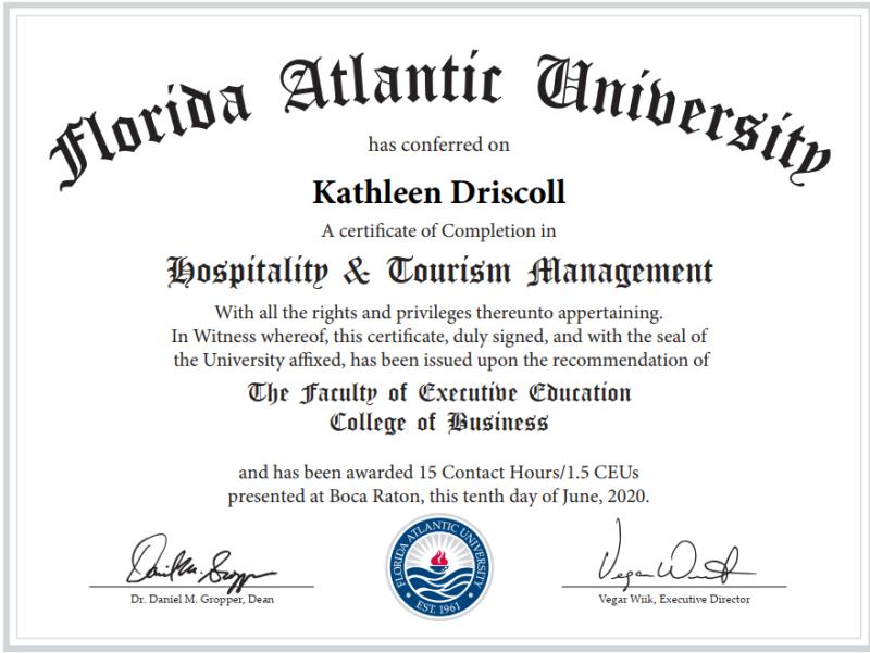 Kathleen Driscoll, business development representative, hospitality and tourism management certificate
