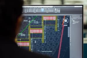 Engineer working on technical CAD drawing on computer screen.